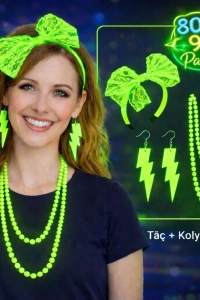 80’ler 90’lar Neon Yeşil Parti Seti – Kolye Küpe Taç