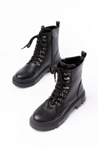 812-2121 Siyah Cilt Bağcıklı Fermuarlı Günlük Kadın Bot