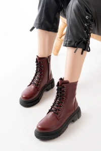 812-356 Bordo Bağcıklı Fermuarlı Günlük Kadın Bot