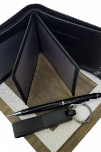 Ahşap Deri Kutulu Siyah Renk 3lü Hediye Seti - Kalem, Cüzdan, Anahtar