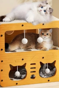 Ahşap İki Katlı Tırmalamalı Kedi Oyun Evi