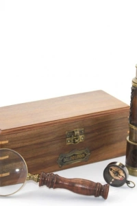 Ahşap Kutu Pirinç Pusula, Dürbün, Büyüteç, Seti Model 2