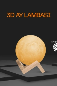 Ahşap Standlı 3D Baskı Ay Lambası 16 Renkli ve Şarjlı