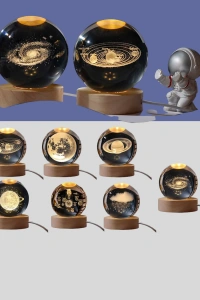 Ahşap Tabanlı 3D Astronot Küre Lamba Çocuk Odası ve Masa Üstü Dekor