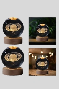 Ahşap Tabanlı 3D Satürn Kristal Küre Atmosfer Lambası