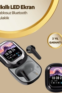 Akıllı Ekranlı Bluetooth 5.4 Kablosuz Kulaklık – Dokunmatik ve Şarj Kutulu