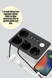 Akım Korumalı 3 USB Portlu 4’lü Priz 4.1A Hızlı Şarj