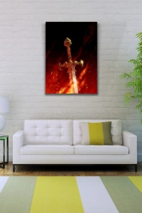 Alevli Kılıç Siyah Kırmızı Tonlarda Kanvas Tablo 50 x 70
