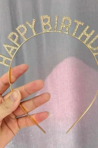 Altın Gold Renk Kristal Taşlı Parlak Happy Birthday Taç