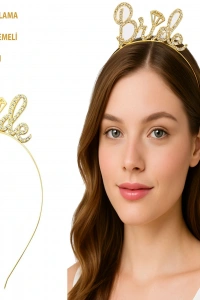 Altın Renkli Taşlı “Bride” Gelin Tacı