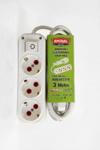 Amiral 3 lü Topraklı Anahtarlı 3 Metre Kablolu Grup Priz