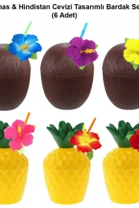 Ananas & Hindistan Cevizi Tasarımlı Pipetli Bardak Seti (6 Adet)