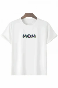 Anneler Günü Hediye Mom Çiçek Baskılı Oversize Bisiklet Yaka T-shirt - Beyaz