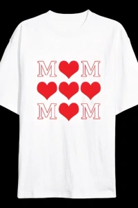 Anneler Günü Hediye MOM Kalp Baskılı Oversize Bisiklet Yaka T-shirt - Beyaz