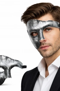 Antik Eskitme Gümüş Erkek Yarım Maske - Phantom & Balo Maskesi