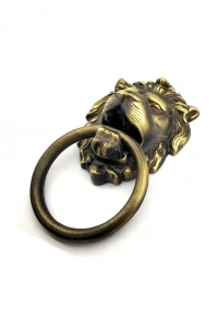 Antika Tarz Dekoratif Pirinç Aslan Kapı Tokmağı, Taktak - 102x130 mm, Antik