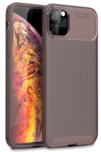 Apple iPhone 11 Pro Max Kılıf Auto Focus Karbon Kapak - Kahverengi