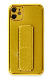 Apple iPhone 12 Kılıf Coco Karbon Standlı Kapak - Sarı
