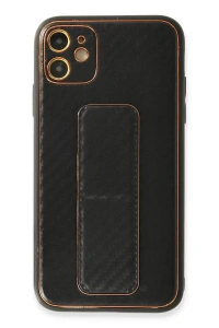 Apple iPhone 12 Kılıf Coco Karbon Standlı Kapak - Siyah