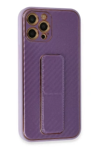 Apple iPhone 12 Pro Kılıf Coco Karbon Standlı Kapak - Mor