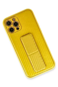 Apple iPhone 12 Pro Kılıf Coco Karbon Standlı Kapak - Sarı