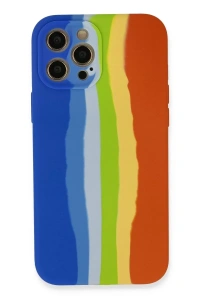 Apple iPhone 12 Pro Kılıf Ebruli Lansman Silikon - Mavi-Turuncu