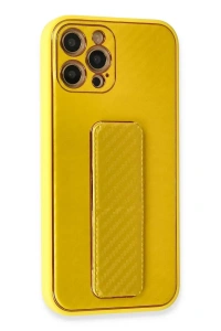Apple iPhone 12 Pro Max Kılıf Coco Karbon Standlı Kapak - Sarı