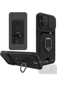 Apple iPhone 13 Pro Kılıf Zuma Kartvizitli Yüzüklü Silikon - Siyah
