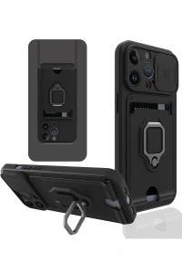 Apple iPhone 13 Pro Kılıf Zuma Kartvizitli Yüzüklü Silikon - Siyah