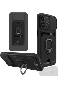 Apple iPhone 13 Pro Kılıf Zuma Kartvizitli Yüzüklü Silikon - Siyah