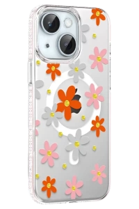 Apple iPhone 14 Floral Magsafe Kapak - Turuncu