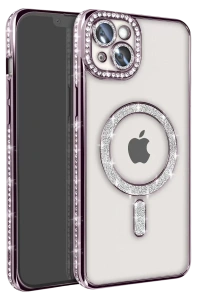 Apple iPhone 14 Kılıf Joke Simli Magneticsafe Kılıf - Derin Mor