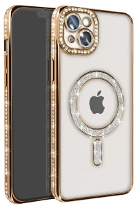 Apple iPhone 14 Kılıf Joke Simli Magneticsafe Kılıf - Gold