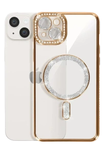 Apple iPhone 14 Kılıf Joke Simli Magneticsafe Kılıf - Gold