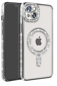 Apple iPhone 14 Kılıf Joke Simli Magneticsafe Kılıf - Gümüş