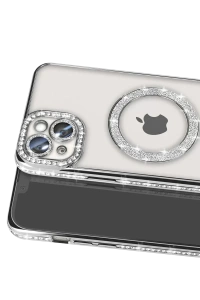 Apple iPhone 14 Kılıf Joke Simli Magneticsafe Kılıf - Gümüş