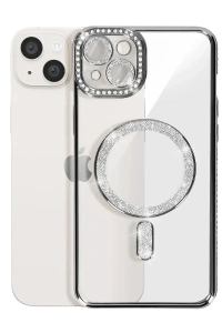 Apple iPhone 14 Kılıf Joke Simli Magneticsafe Kılıf - Gümüş