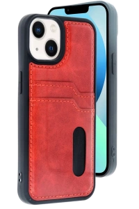 Apple iPhone 14 Kılıf Sara Kartvizitli Deri Kılıf - Kırmızı