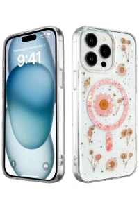 Apple iPhone 14 Pro Kılıf Daisy Simli Magsafe Kapak - Pembe