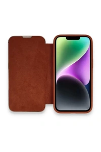 Apple iPhone 14 Pro Max Kılıf Dolpin Kapaklı - Kahverengi