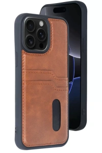 Apple iPhone 14 Pro Max Kılıf Sara Kartvizitli Deri Kılıf - Taba