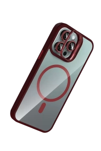 Apple iPhone 14 Pro Max Remim Lensli Magsafe Standlı Kapak - Bordo