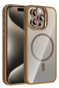 Apple iPhone 14 Pro Max Remim Lensli Magsafe Standlı Kapak - Kahverengi