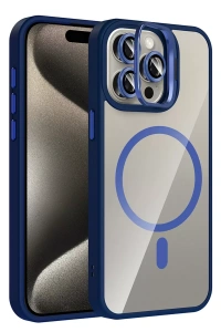 Apple iPhone 14 Pro Max Remim Lensli Magsafe Standlı Kapak - Lacivert