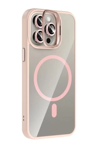 Apple iPhone 14 Pro Max Remim Lensli Magsafe Standlı Kapak - Pembe
