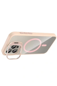 Apple iPhone 14 Pro Max Remim Lensli Magsafe Standlı Kapak - Pembe
