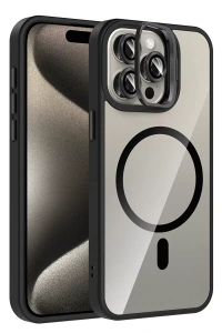 Apple iPhone 14 Pro Max Remim Lensli Magsafe Standlı Kapak - Siyah