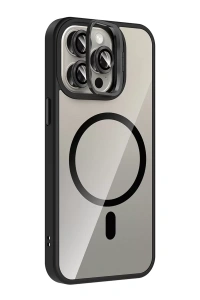 Apple iPhone 14 Pro Max Remim Lensli Magsafe Standlı Kapak - Siyah