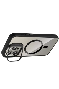 Apple iPhone 14 Pro Max Remim Lensli Magsafe Standlı Kapak - Siyah