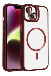 Apple iPhone 14 Remim Lensli Magsafe Standlı Kapak - Bordo